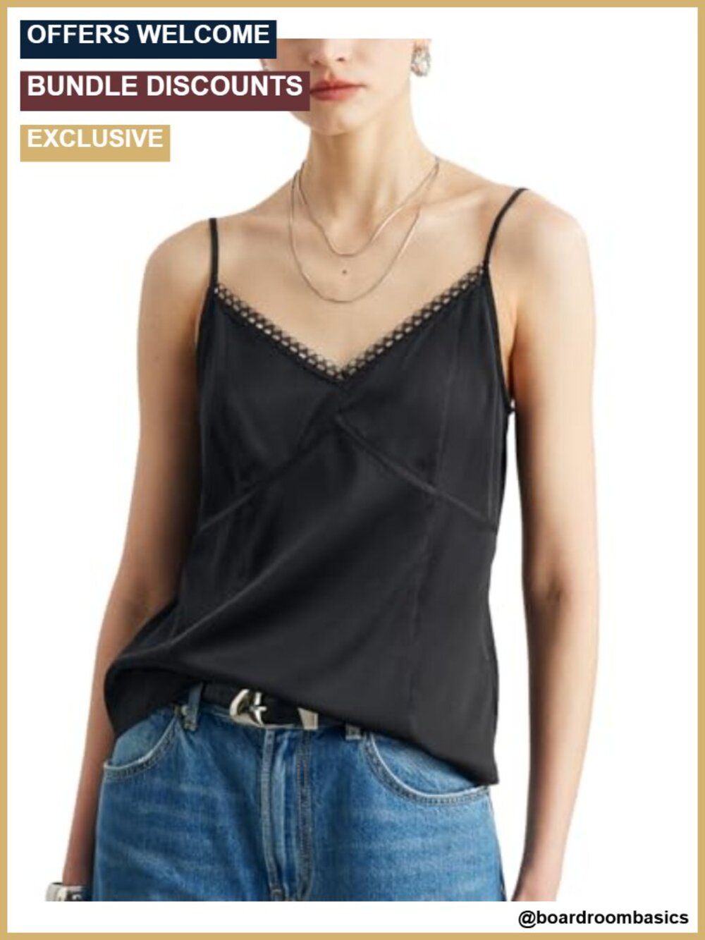 100% Mulberry Silk Camisole Lace Trim V-Neck Tank Top Sleeveless